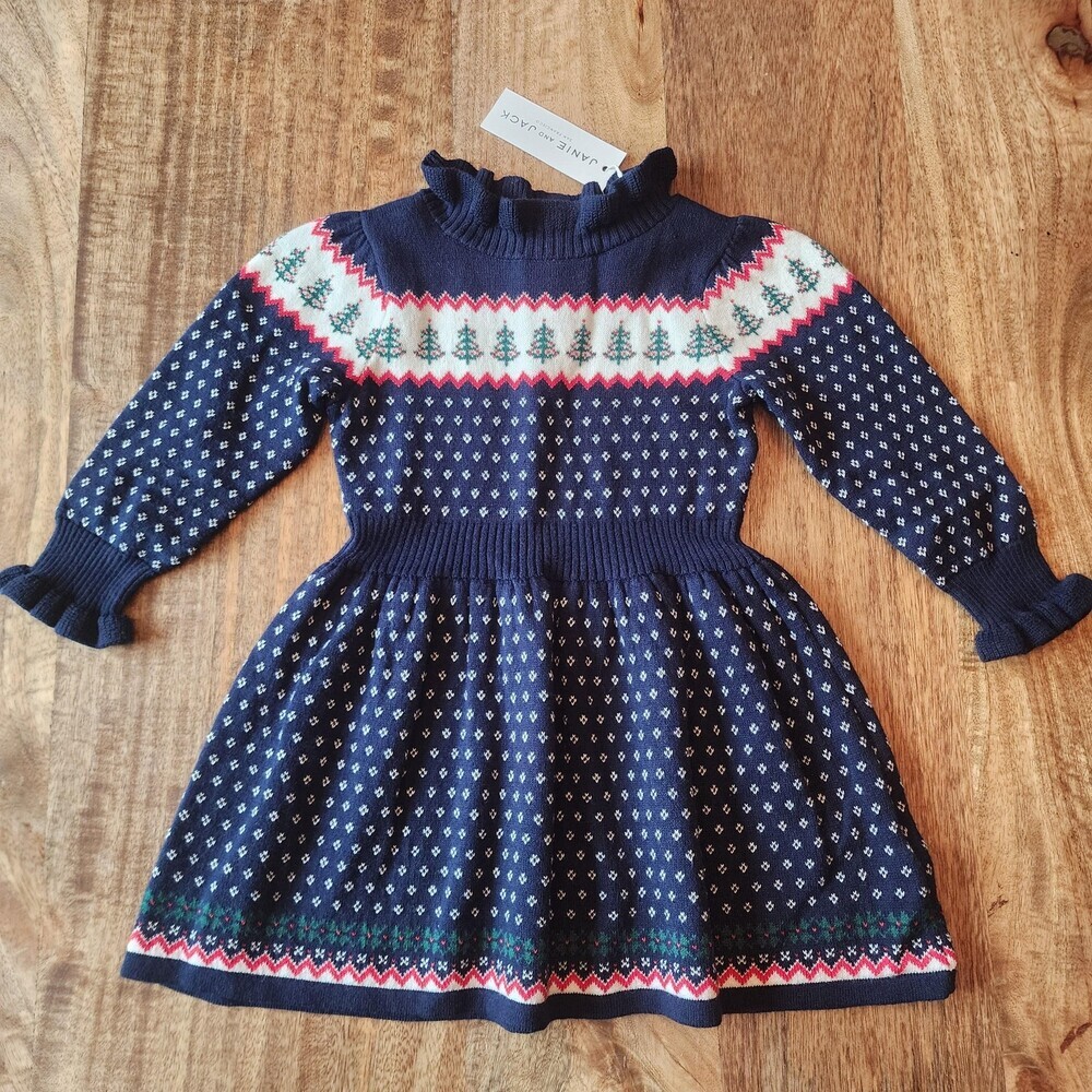 Janie And Jack Dress Girls 18-24 Months Blue Sweater Fair Isle Trees Winter Knit - Picture 10 of 15